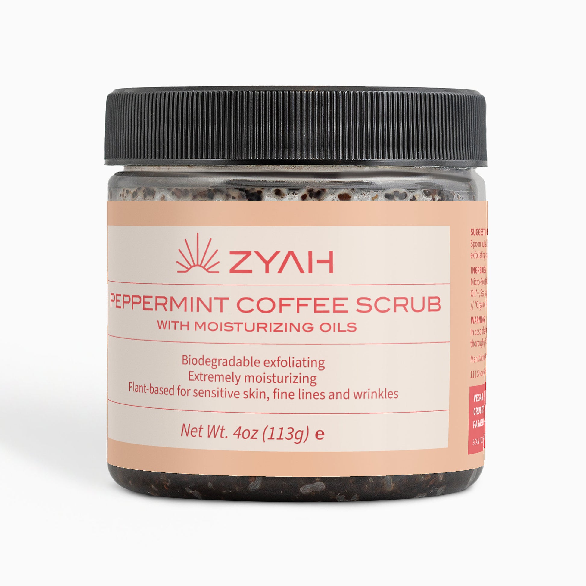 Jar of ZYAH Peppermint Coffee Scrub Botanical Skincare with a black lid on a white background