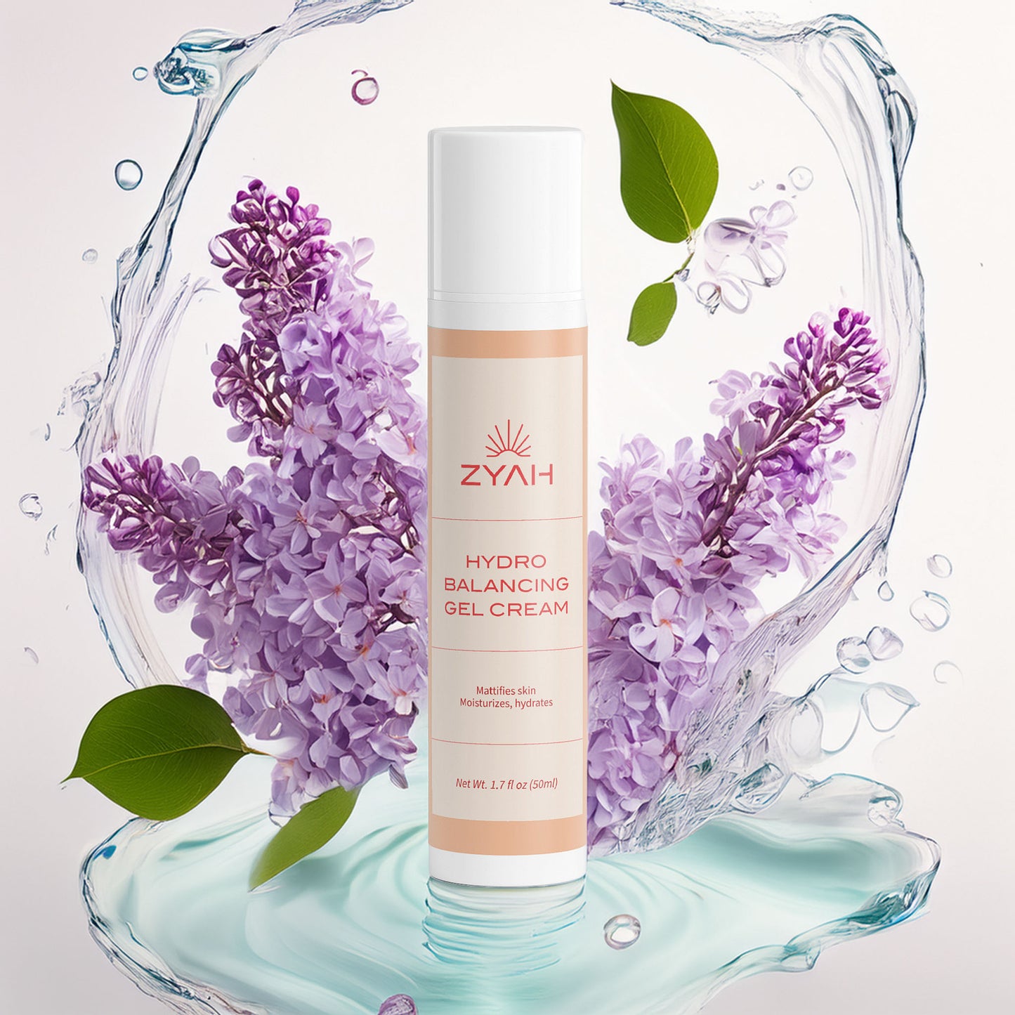 Zyah Hydro Balancing Gel Cream with purple flowers and water droplets on a light background