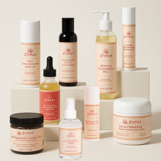 Zyah Beauty clean botanical skincare products beside minimalist Korean skincare items on a soft pastel background.