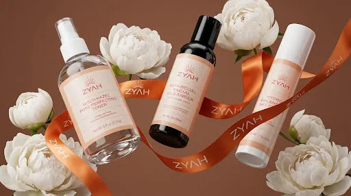 Radiant skin close-up featuring Zyah Beauty skincare products, highlighting a minimalist routine with glowing, healthy complexion inspired by the skinimalist trend for 2026.