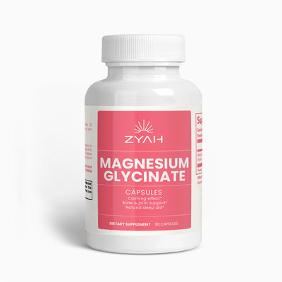 Supplement bottle labeled 'Magnesium Glycinate' by ZYAH on a white background