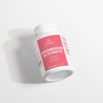Bottle of ZYAH Magnesium Glycinate capsules on a white background
