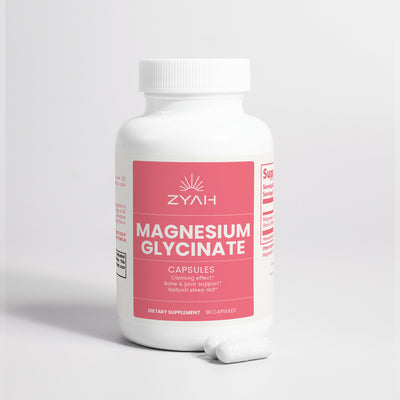 Supplement bottle labeled 'Zyah Magnesium Glycinate' on a light gray background