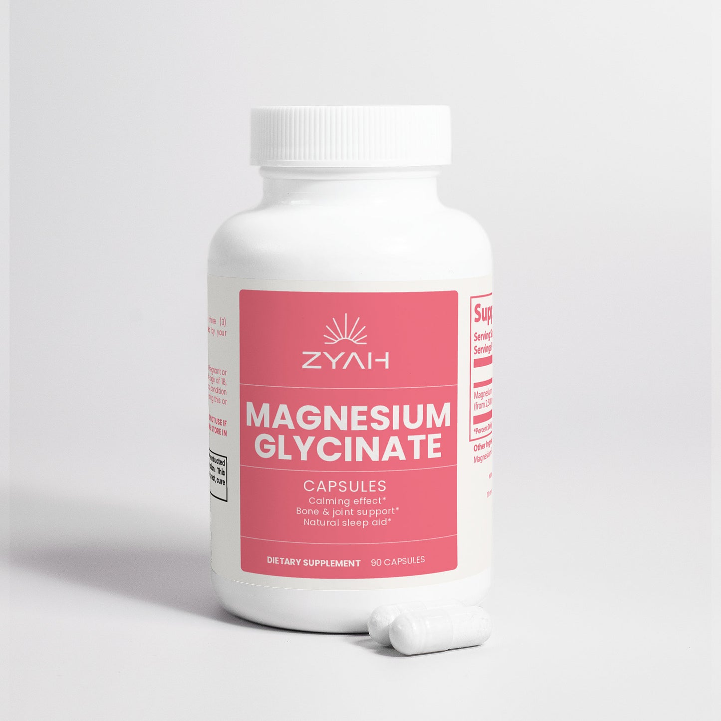 Supplement bottle labeled 'Zyah Magnesium Glycinate' on a light gray background