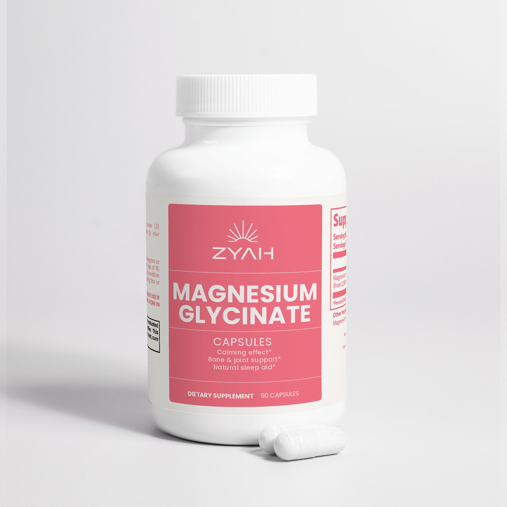 Supplement bottle labeled 'Zyah Magnesium Glycinate' on a light gray background