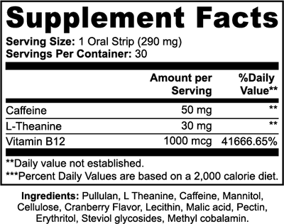 Supplement facts label with caffeine, L-theanine, and Vitamin B12 content on a white background.