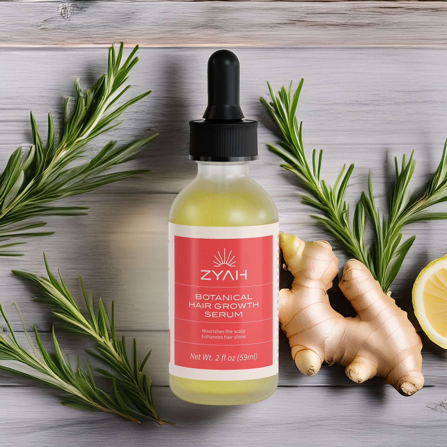 Bottle of ZYAH Botanical Hair Growth Serum with ginger root and lemon on a wooden background