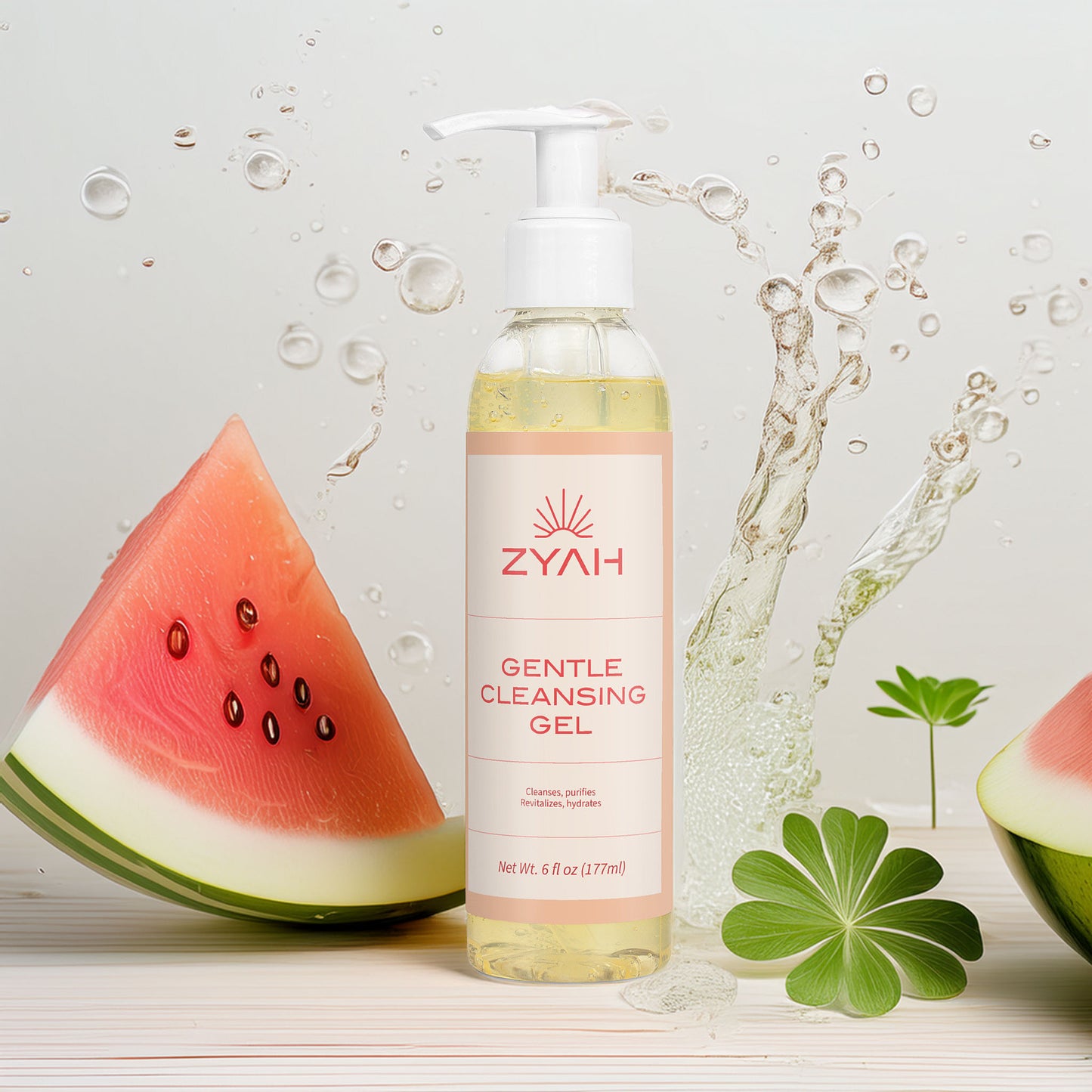 Bottle of ZYAH Gentle Cleansing Gel with watermelon slices and leaves on a light background