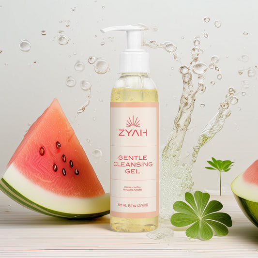 Bottle of ZYAH Gentle Cleansing Gel with watermelon slices and leaves on a light background
