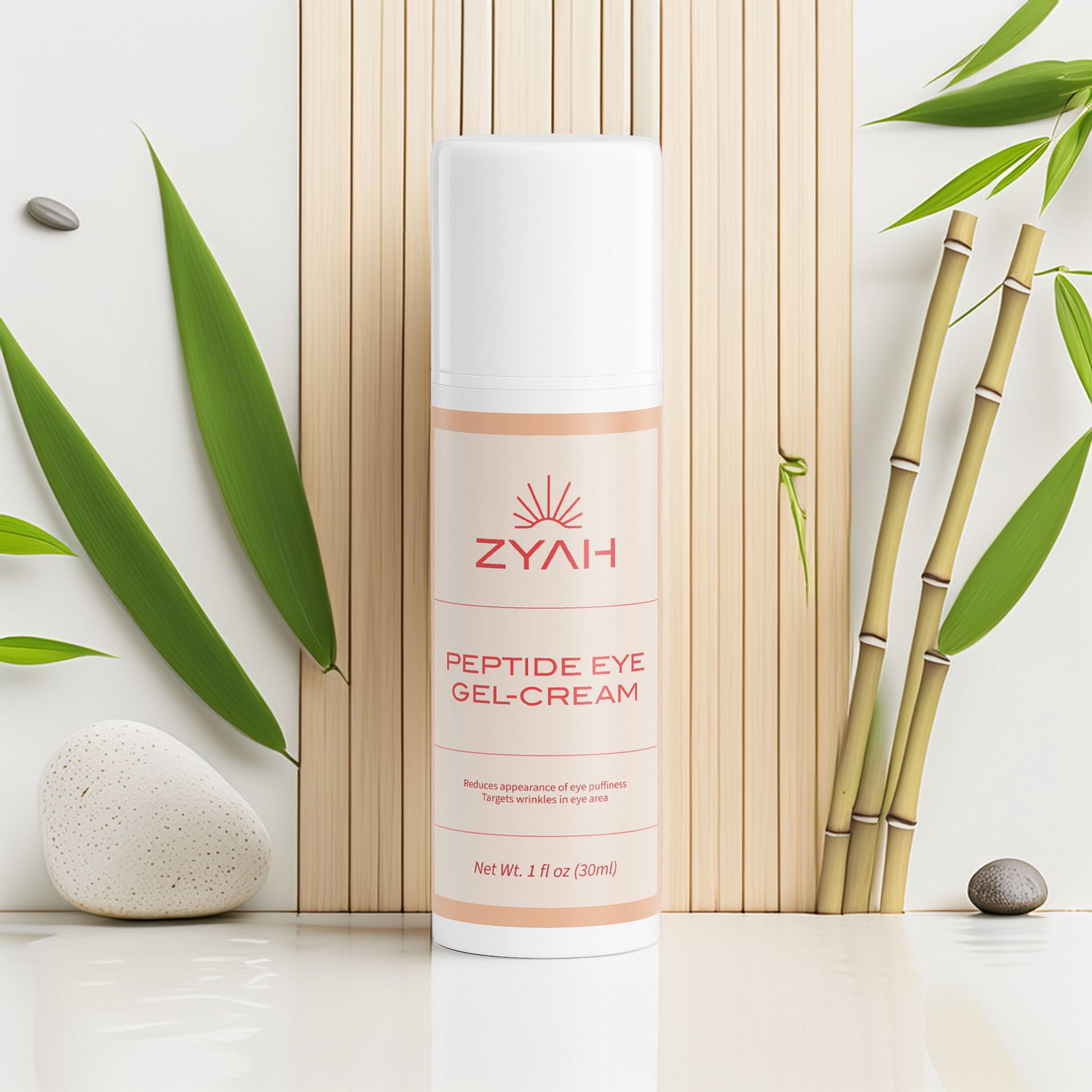 Zyah Peptide Eye Gel-Cream bottle with bamboo and leaves on a light background