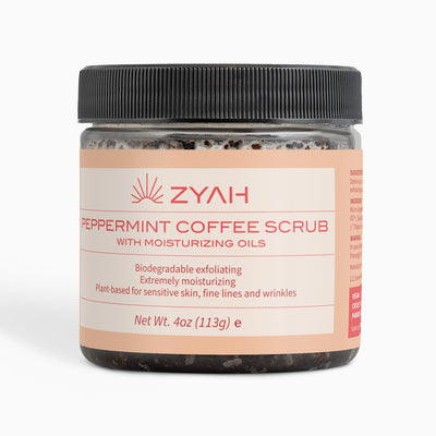 Jar of ZYAH Peppermint Coffee Scrub Botanical Skincare with a black lid on a white background