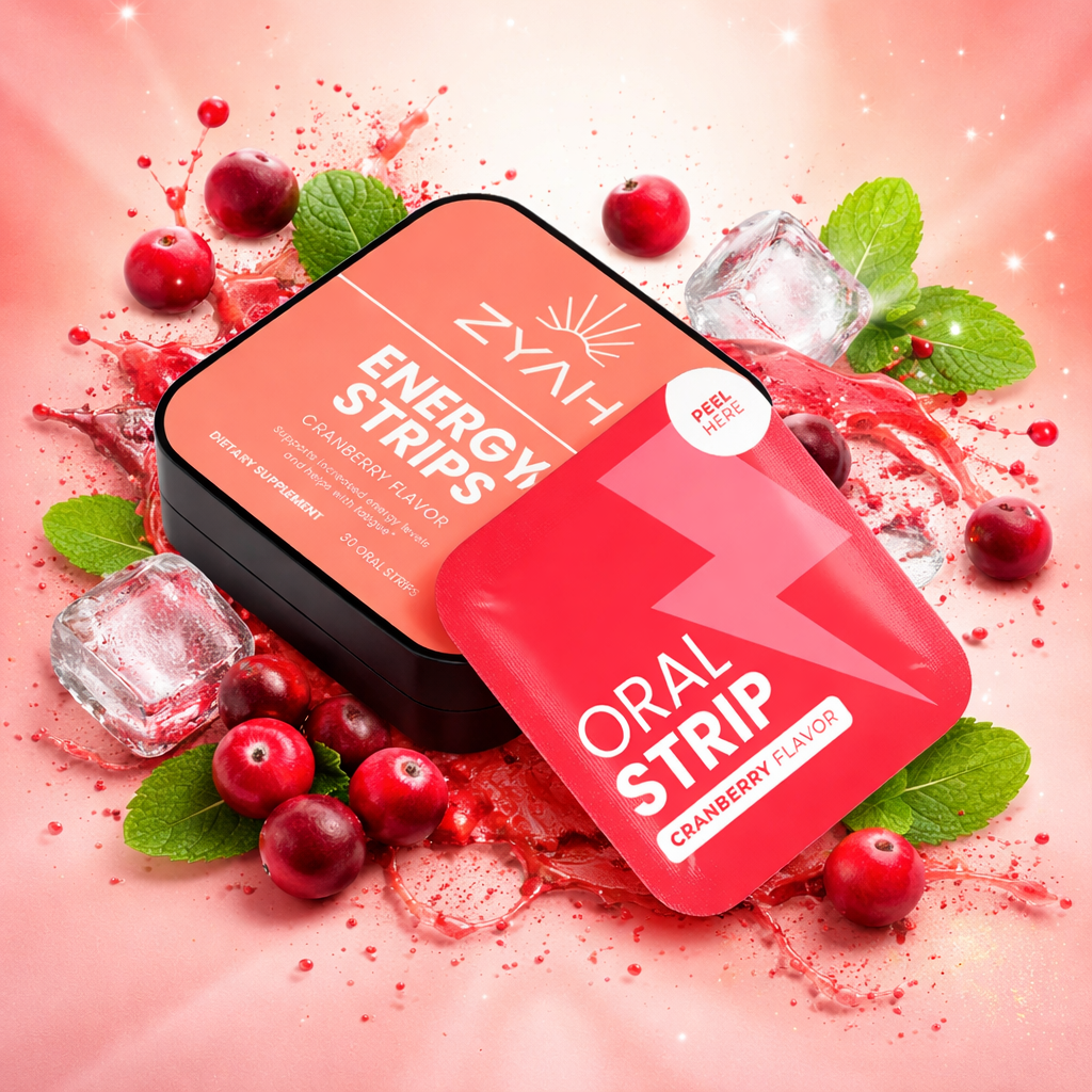 ZYN Energy Strips packaging with cranberries and ice cubes on a pink background