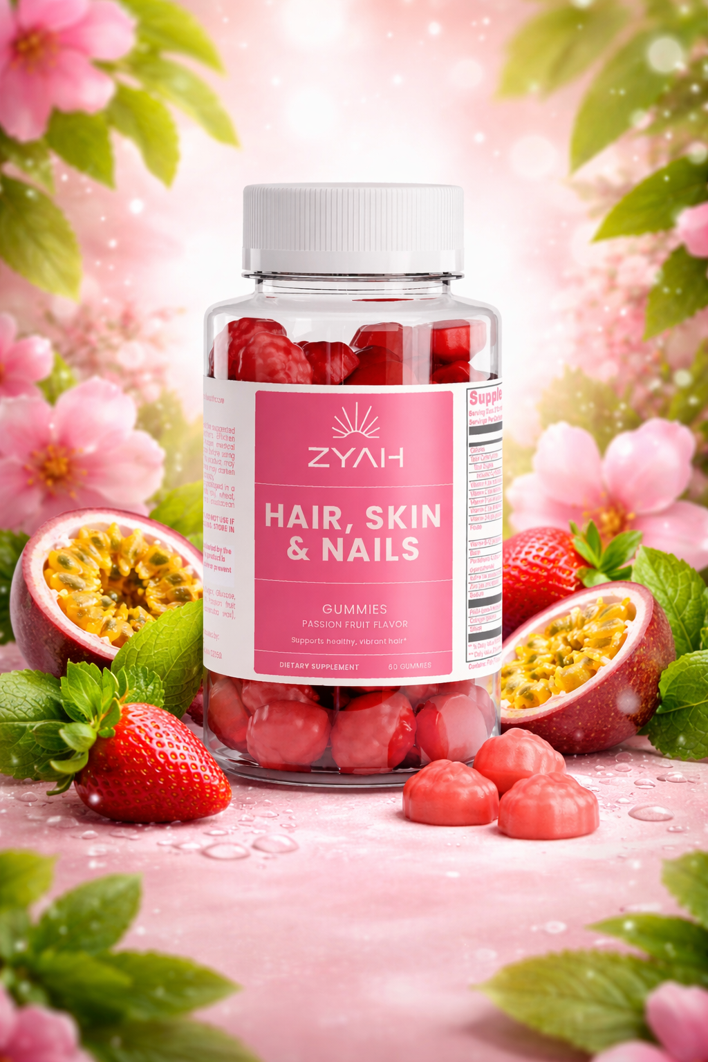 Bottle of Zyah Hair, Skin & Nails gummies with strawberries and passion fruit on a floral background