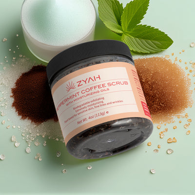Zyah peppermint coffee scrub jar with ingredients on a light green background