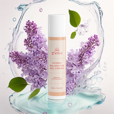 Zyah Hydro Balancing Gel Cream with purple flowers and water droplets on a light background