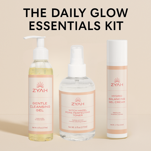 Zyah Beauty Daily Glow Essentials Kit featuring Gentle Cleansing Gel, Witch Hazel Toner, and Hydro Balancing Gel-Cream on a minimal beige background.