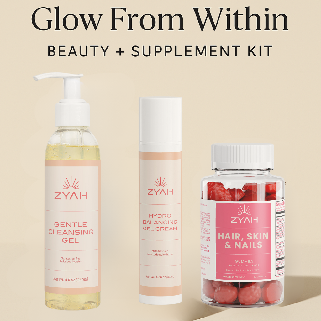 Zyah Beauty Glow From Within Beauty + Supplement Kit featuring Gentle Cleansing Gel, Hydro Balancing Gel-Cream, and Hair Skin & Nails Gummies on a clean minimal background.